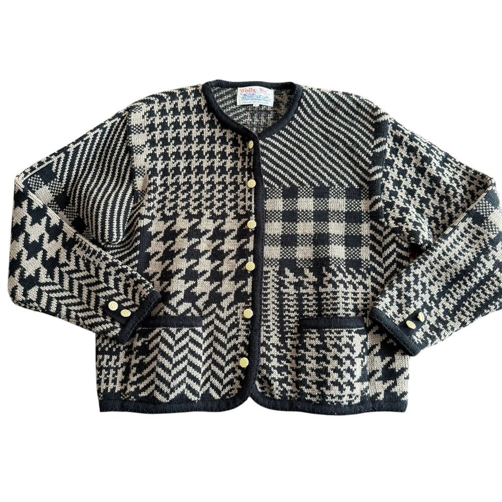 Tally-Ho Women's tan/black houndstooth sweater cardigan, gold button, pockets, L